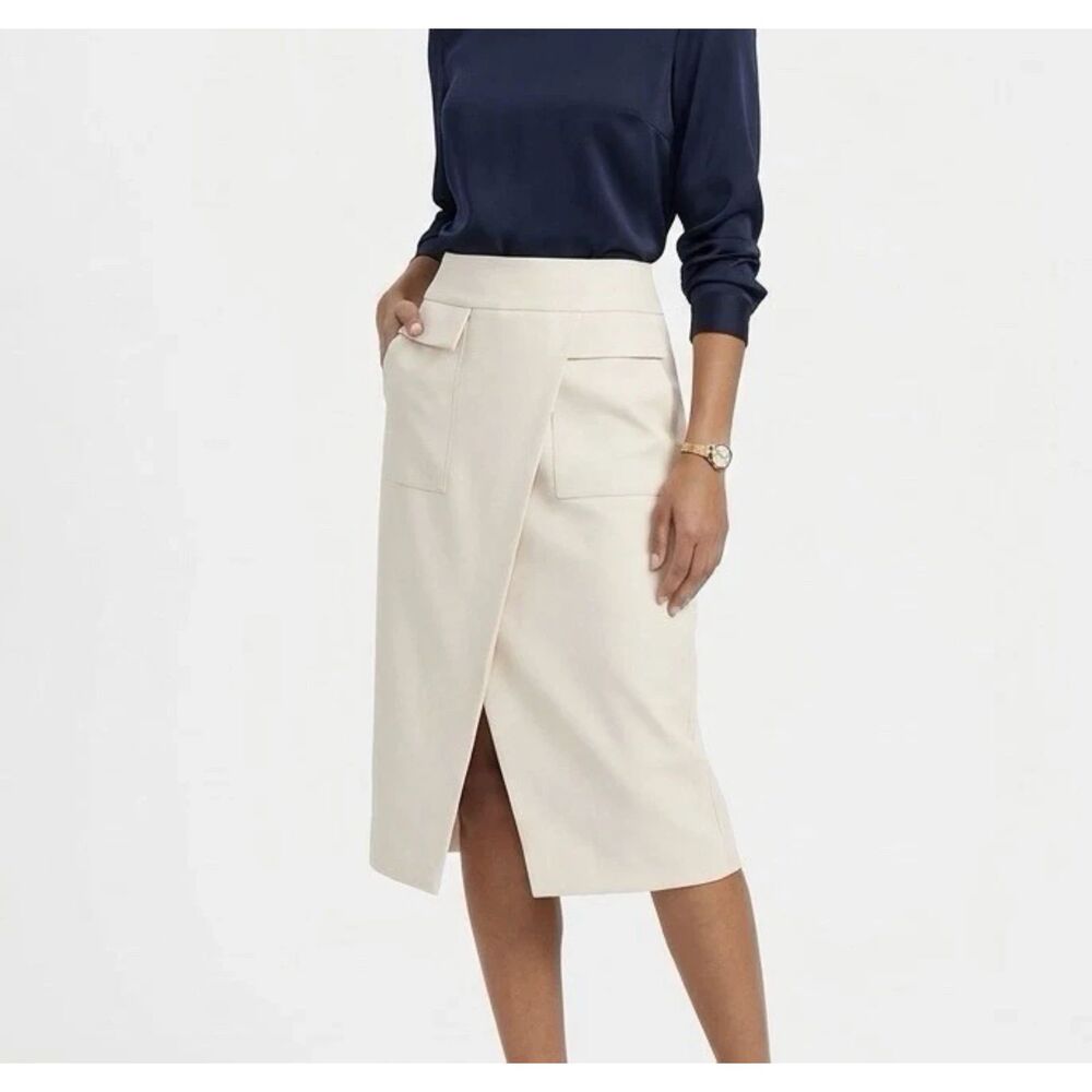 ESQUALO Sand Tailored Utility Pocket Asymmetrical Faux Wrap Midi Skirt SZ 4